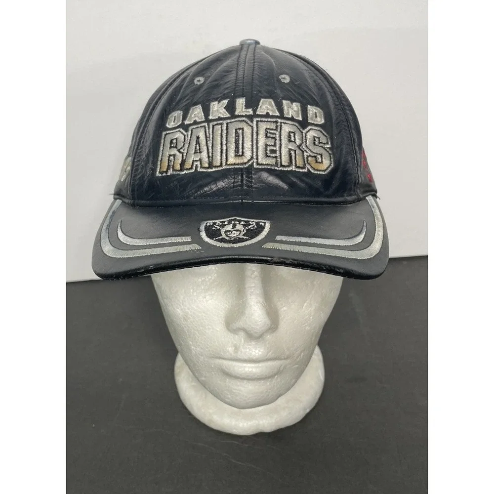 Vintage Reebok Oakland Raiders Leather Hat Adult One Size Fit‎ Black Made In USA